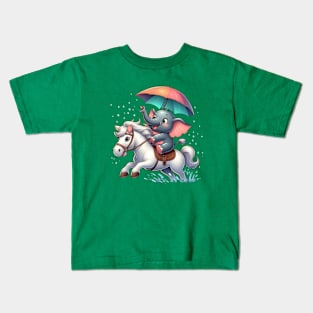 Little elephant carrying an umbrella riding a horse Kids T-Shirt